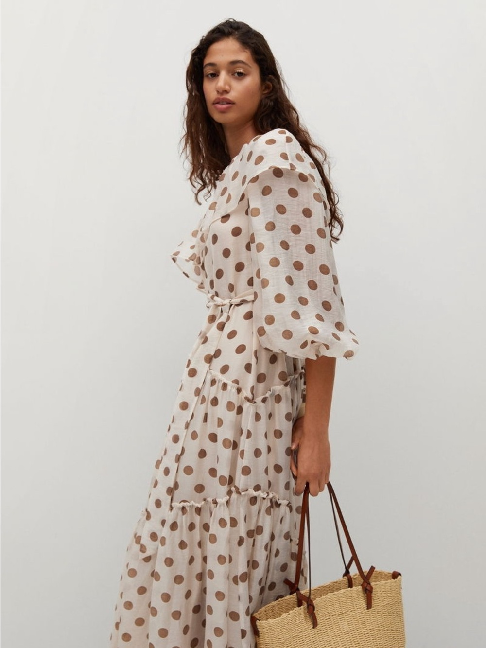 Off-Shoulder Cream Polka Dot Maxi Dress With Ruffles and Belt by Mango Size M - Picture 3 of 9